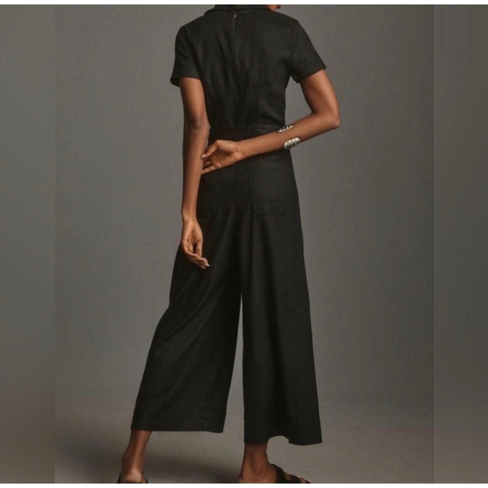 Anthropologie Maeve Wrapped Culotte Jumpsuit Black Sz 6P Linen Blend Utility - Picture 5 of 16